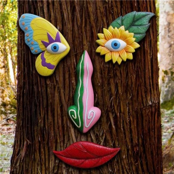 Tree Faces Decor ,Funny Tree Faces Sculpture, Colorful Fence Decorations Outdoor - Picture 1 of 7